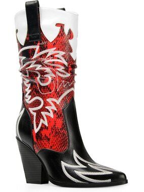 Women Black and Red Faux Leather Mid Calf Embroidery Pointed Toe Cowboy Boots